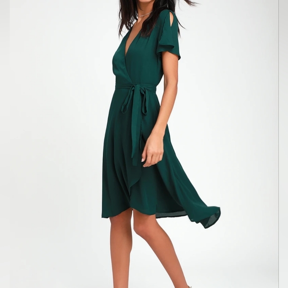 Lulus Emerald Green Midi Wrap Dress - Picture 3 of 9